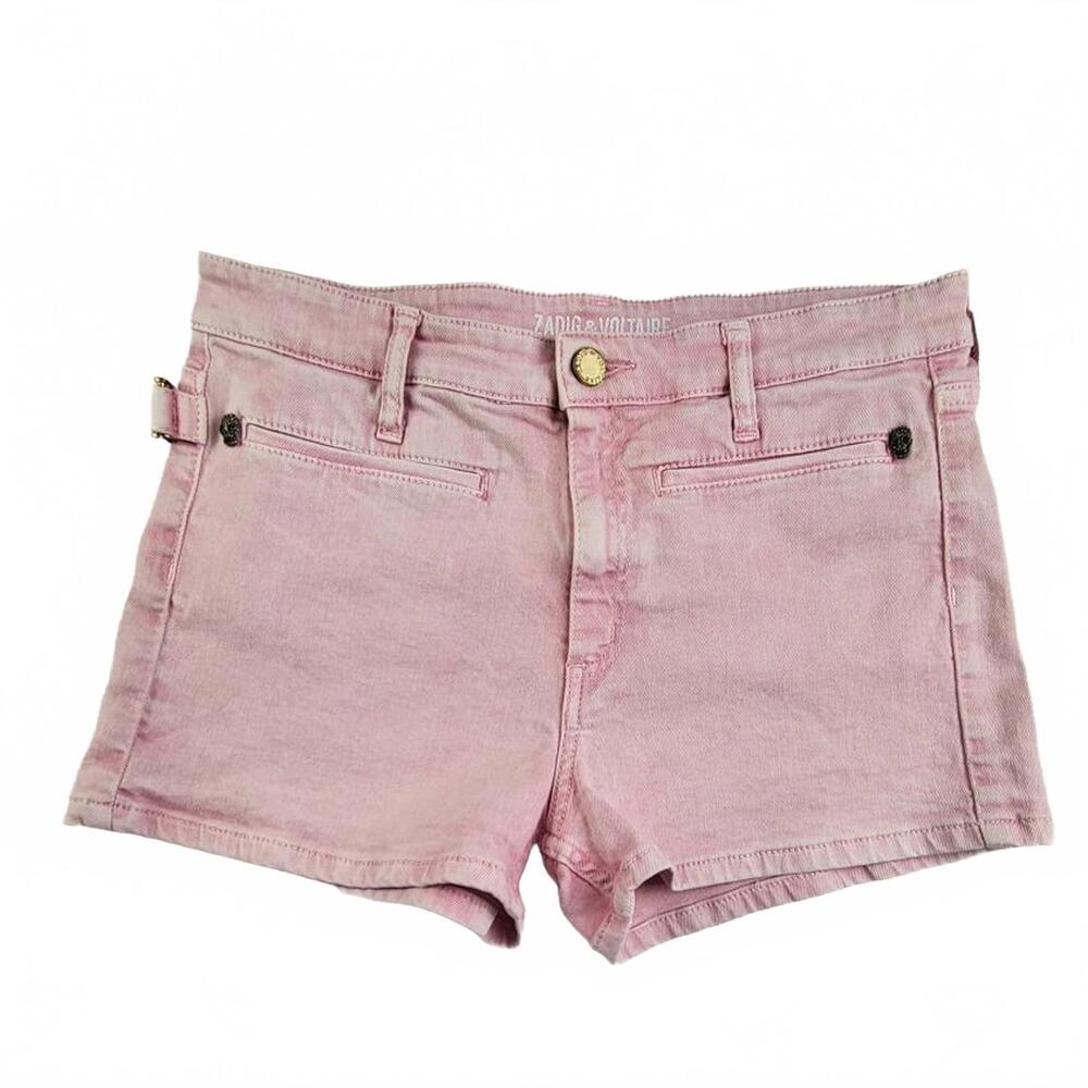 Zadig & Voltaire Pink Denim Shorts Rhinestone Skull Size 38